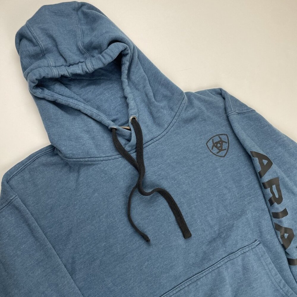 Ariat Hoodie Men’s M Blue Spellout Sleeve Logo Pullover Sweatshirt Workwear